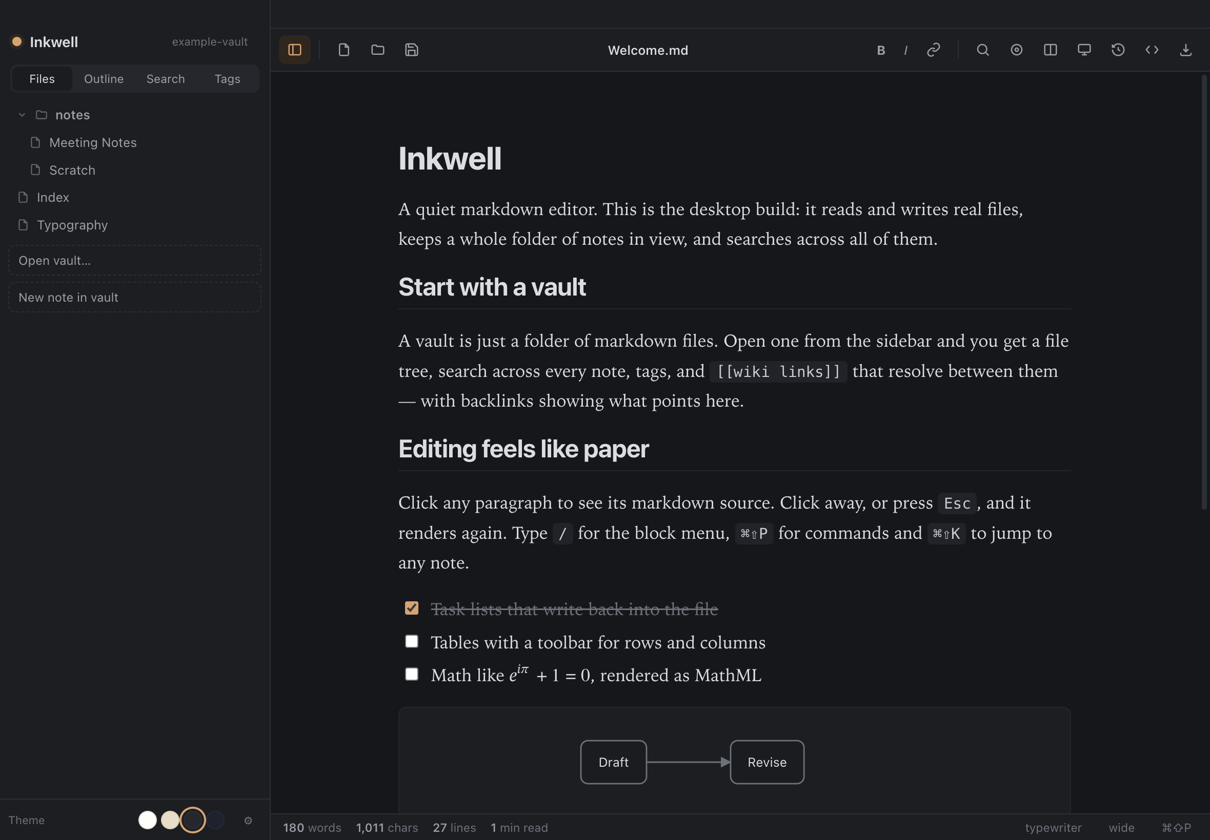 Inkju with a vault open: file tree on the left, a rendered note in the centre